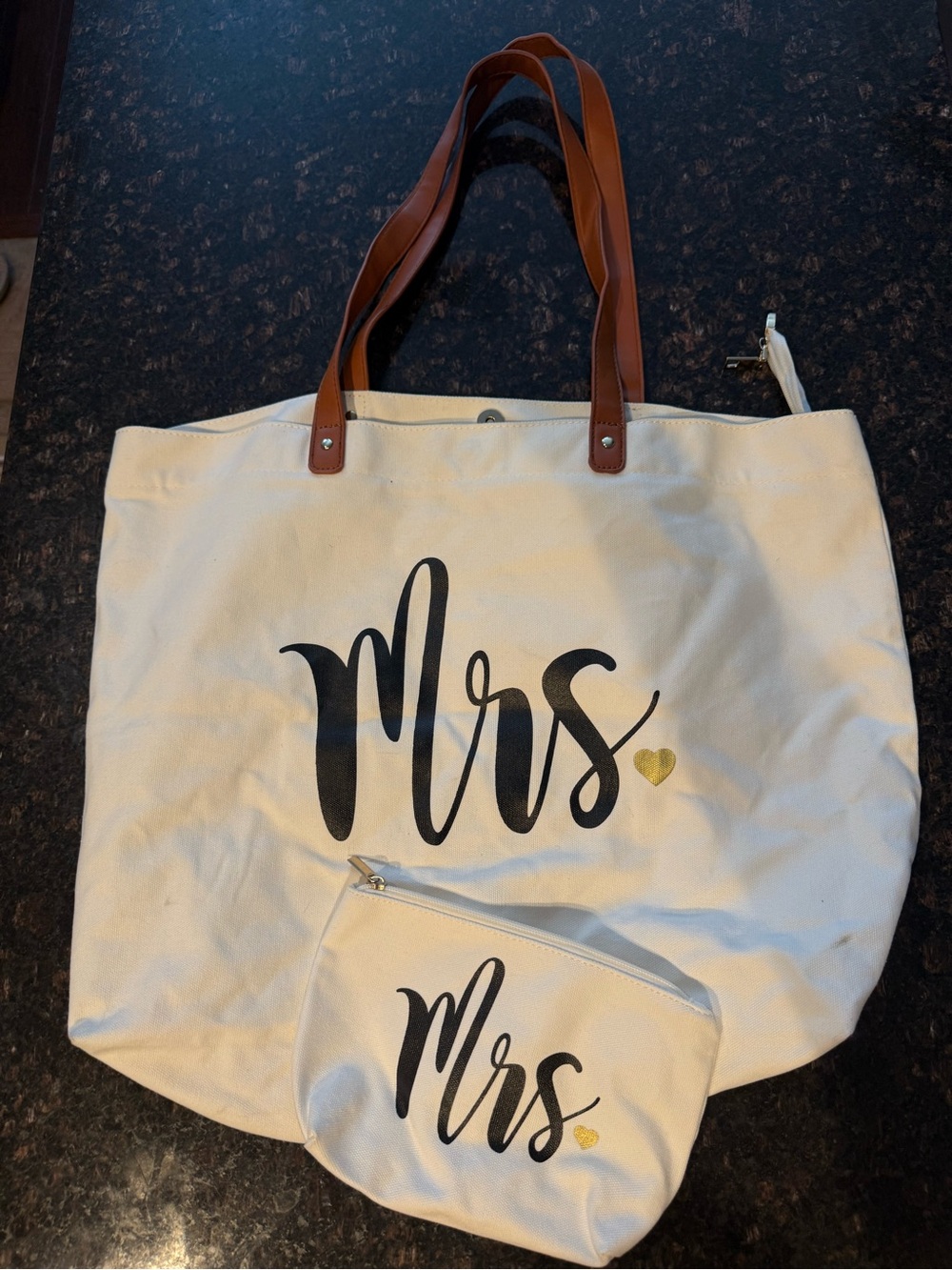 White 'Mrs' Canvas Tote with Tan Handles and Matching Makeup Bag